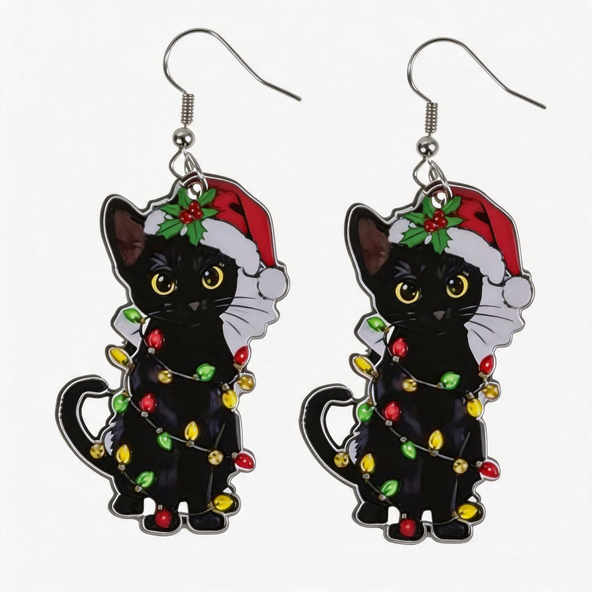 Wholesale Cute Black Cat Earrings With Christmas Hat And Colorful Lights Acrylic Jewelry Accessory For Holiday Party