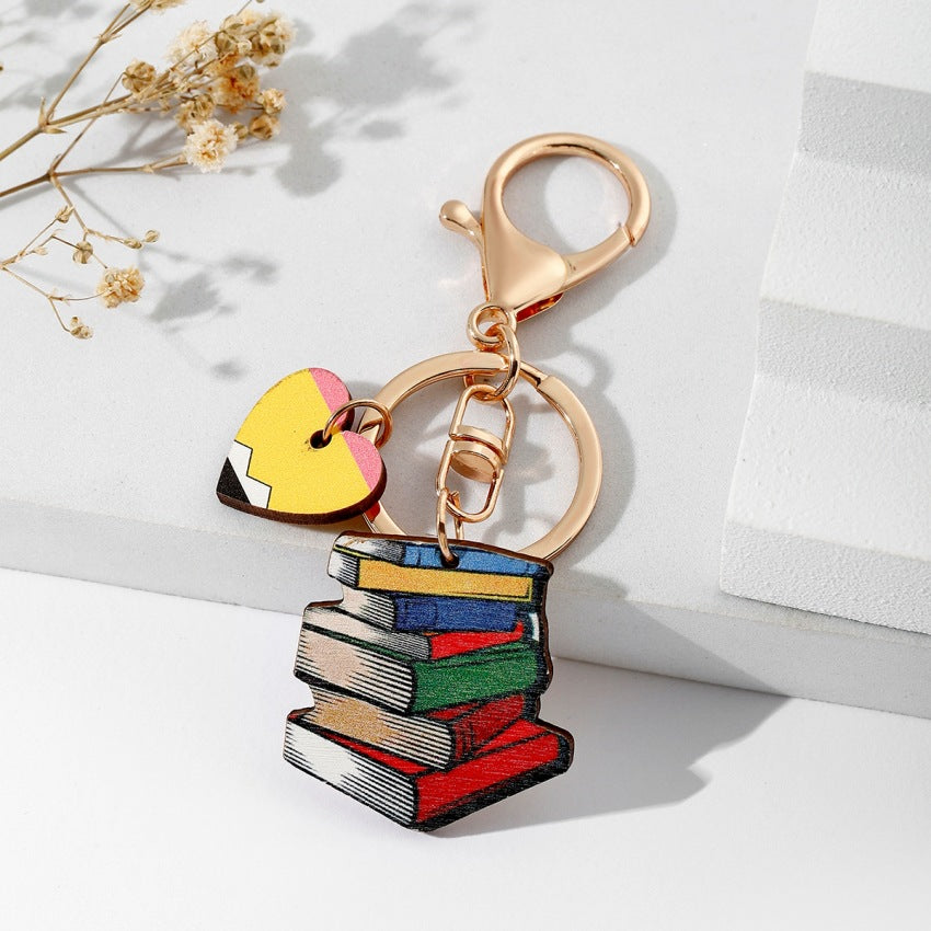Wholesale Teacher' s Day Rainbow Wooden Brand Tassel Keychain
