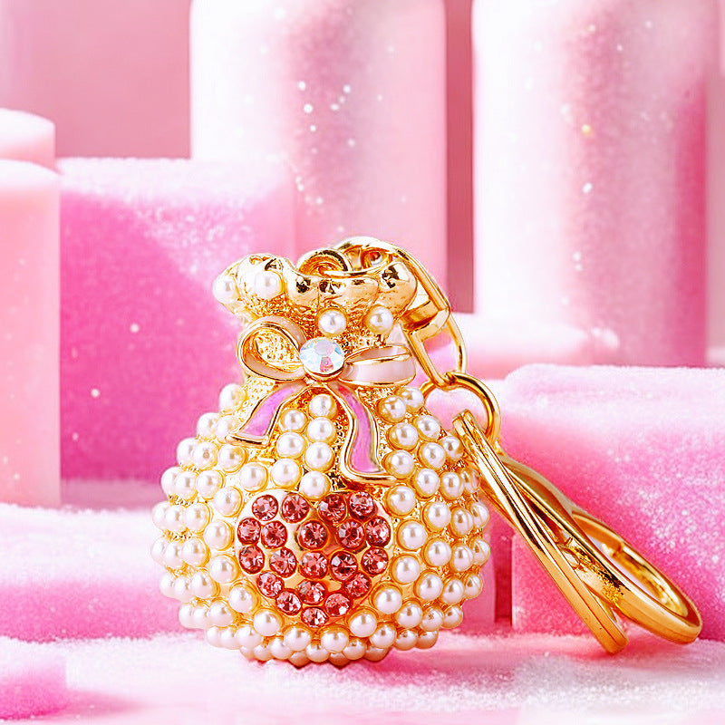 Wholesale Metal Pearl Heart Lucky Bag Keychain Cute Car Key Accessory Bag Charm For Women Gift