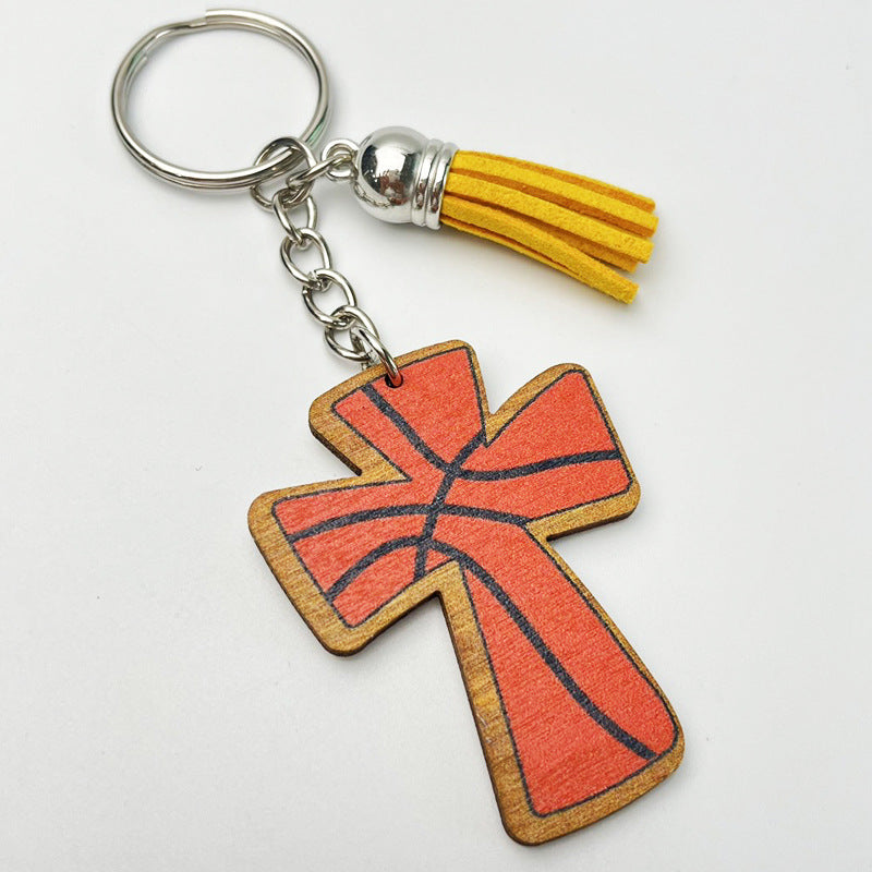 Wholesale 2pcs Football Basketball Faith Cross Wooden Vintage Keychain
