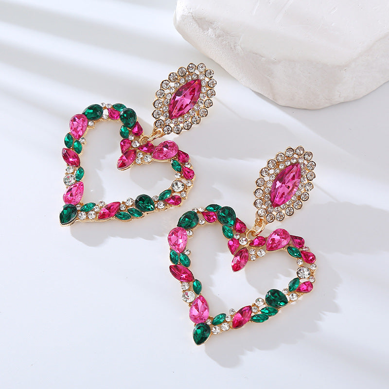 Wholesale Popular Heart-shaped Alloy Inlaid with Colored Diamonds Retro Temperament Exaggerated Super Shiny Full Diamond Earrings