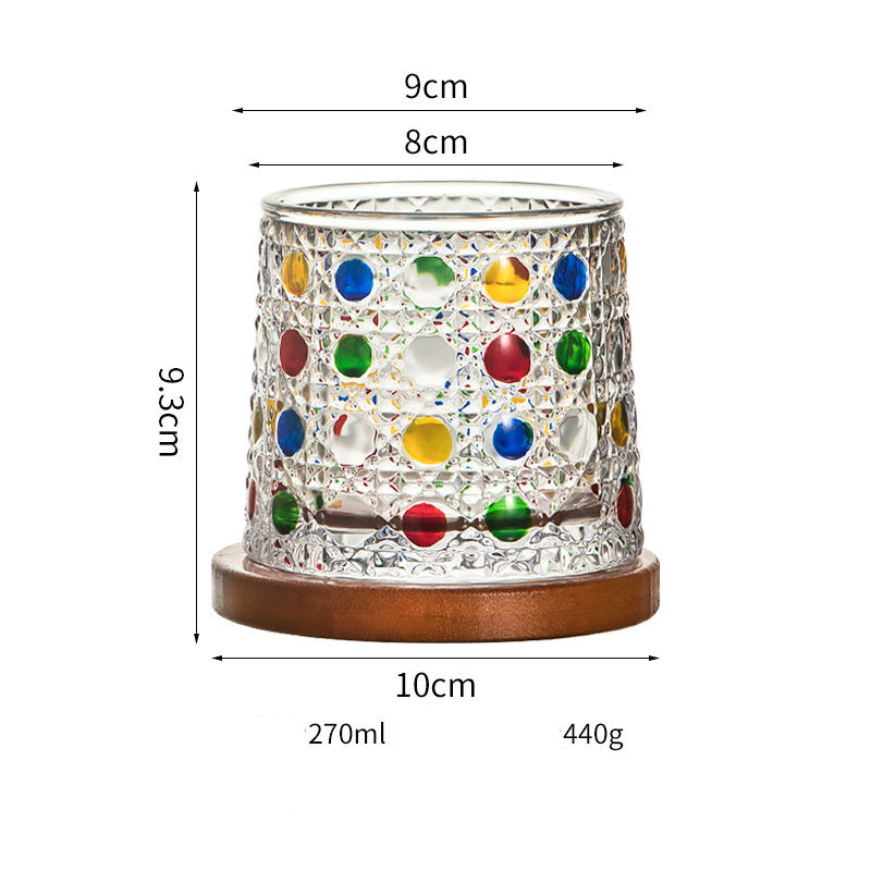 Wholesale Haisman thickened color glass creative rotating whiskey glass hand painted rotating cup with wooden tray decompression Cup