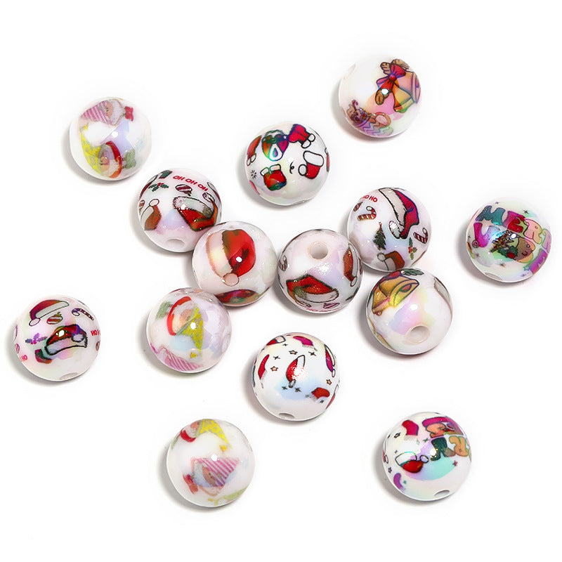 Wholesale100pcs Acrylic Santa Claus Elk Printed Beads DIY Christmas Cartoon Beads