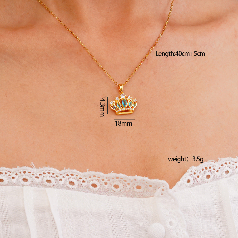 Wholesale Copper Inlaid Zircon Princess Crown Pendant Necklace Clavicle Chain