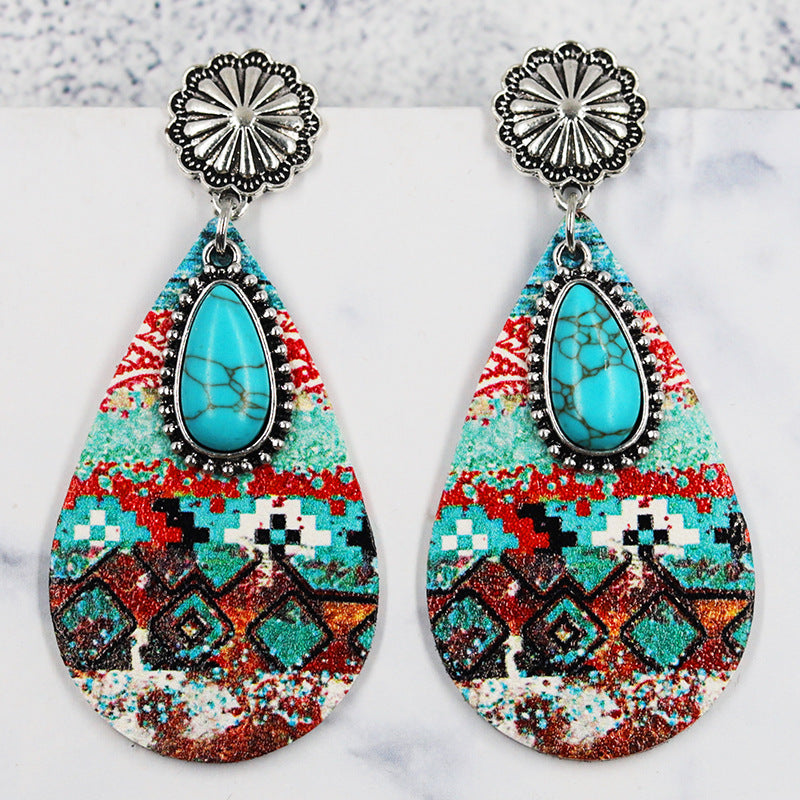 Wholesale Teardrop Leather Turquoise Vintage Ethnic Fashion Western Bohemian Earrings