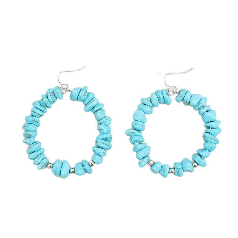 Wholesale Retro Western Turquoise Blue Bead Circle Earrings Bohemian Irregular Jewelry Accessory For Women