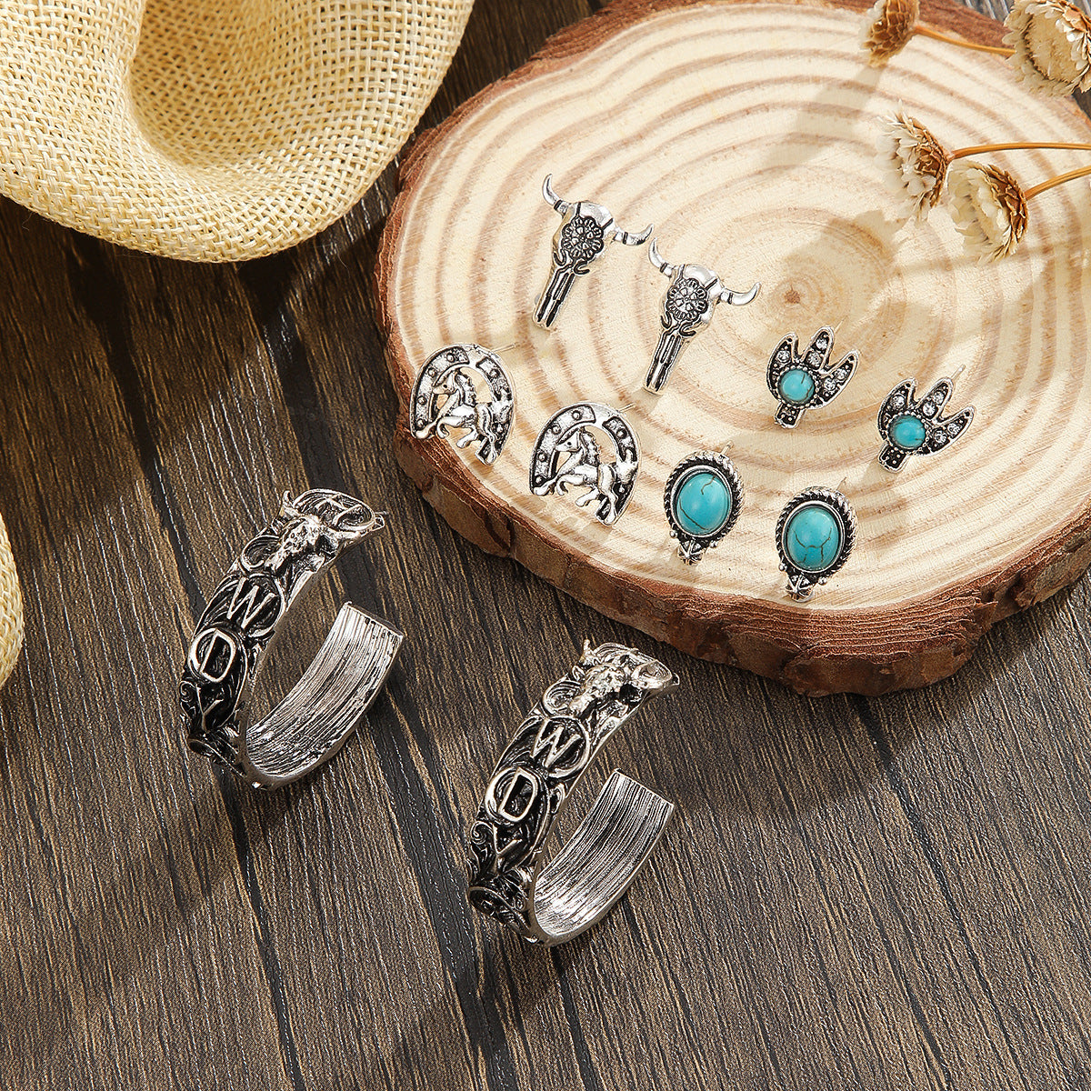 Wholesale Ethnic Style Zinc Alloy Earrings Set With Imitation Turquoise And Tassel Bull Head Cowboy Boot Design Fashion Accessory For Casual Party Gift
