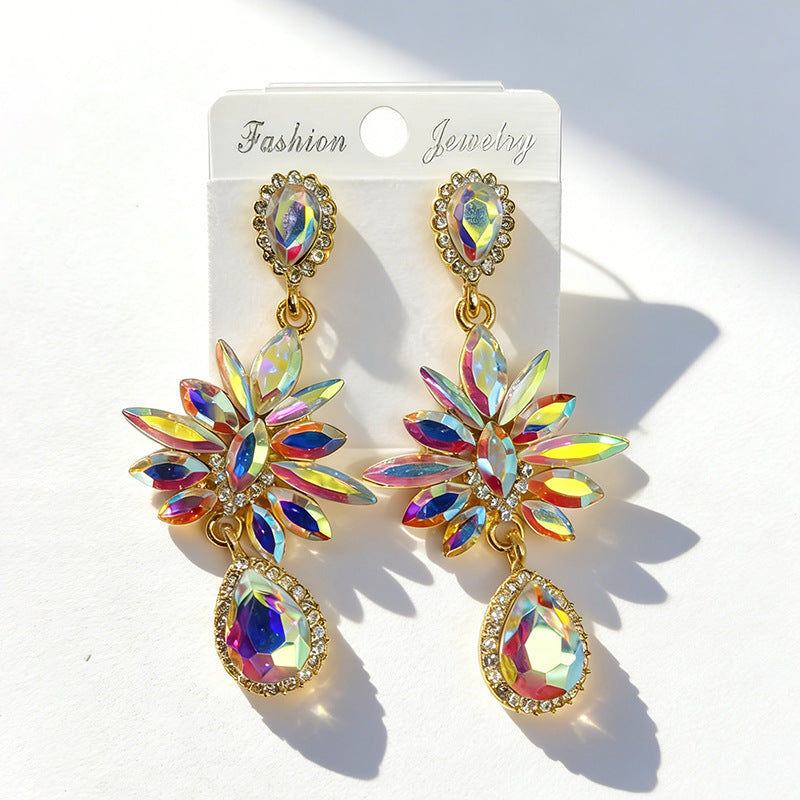 Wholesale Glass Flower Crystal Teardrop Full Diamond Earrings