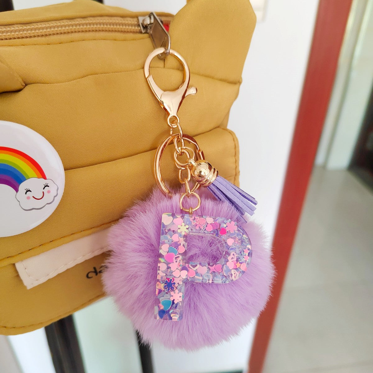 Wholesale Colorful Drip Glue Letter Pendant Light Purple Hairball Keychain