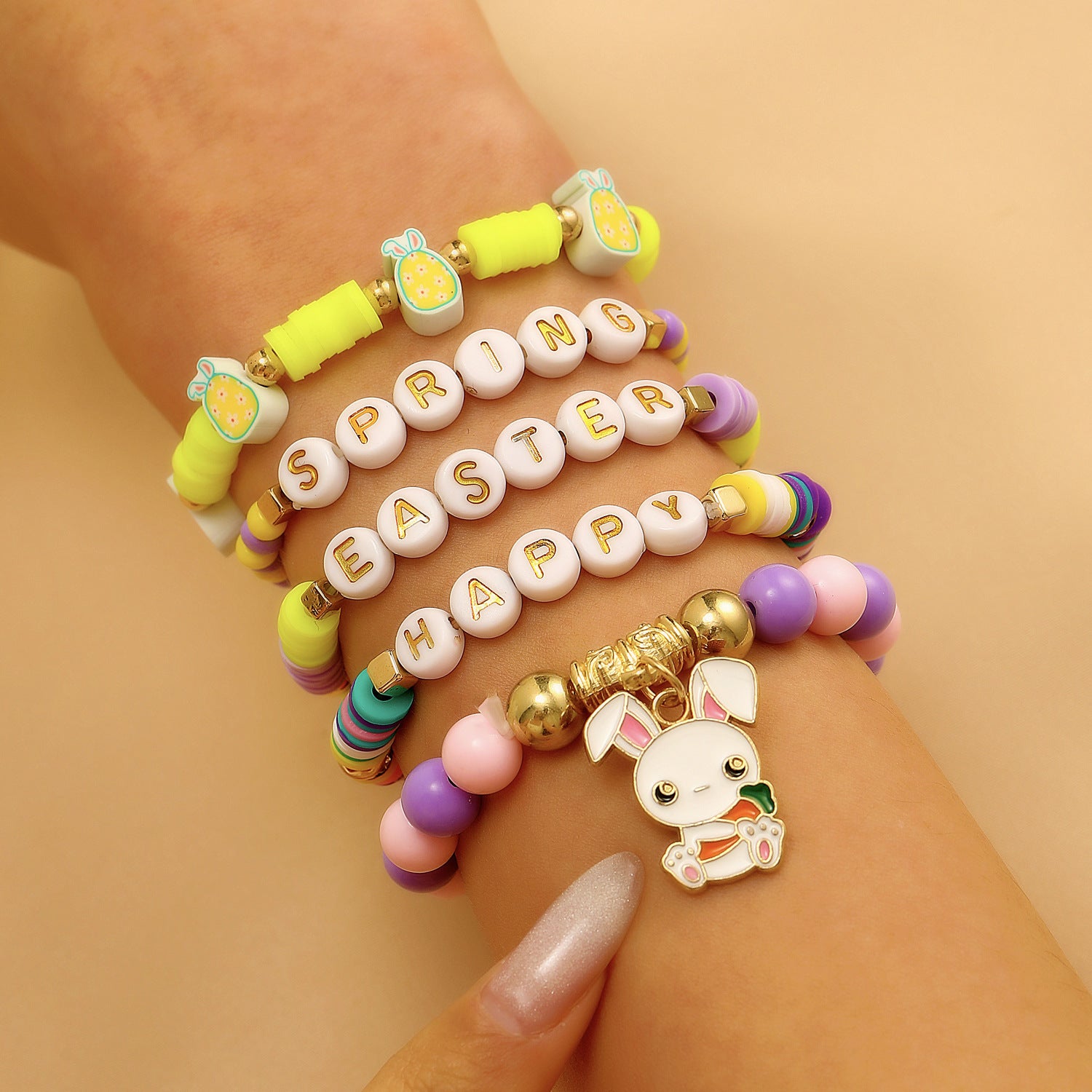 Wholesale Easter Rabbit Love Color Soft Ceramic Elastic Bracelet