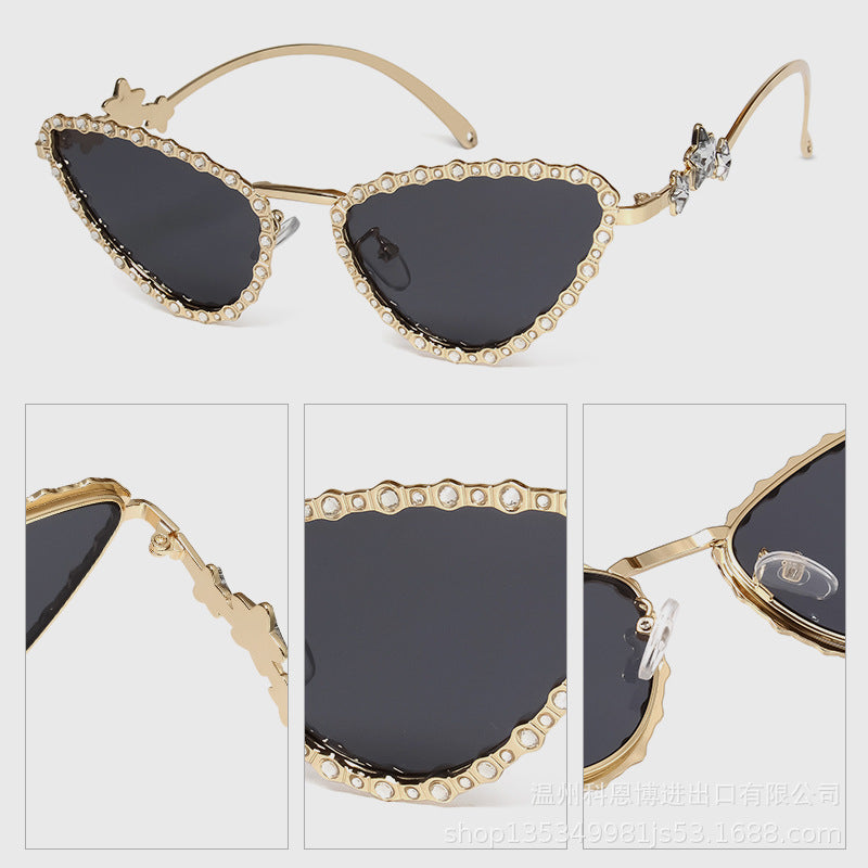 Wholesale Cat' s Eye Diamond Metal Pentagram Women Sunglasses