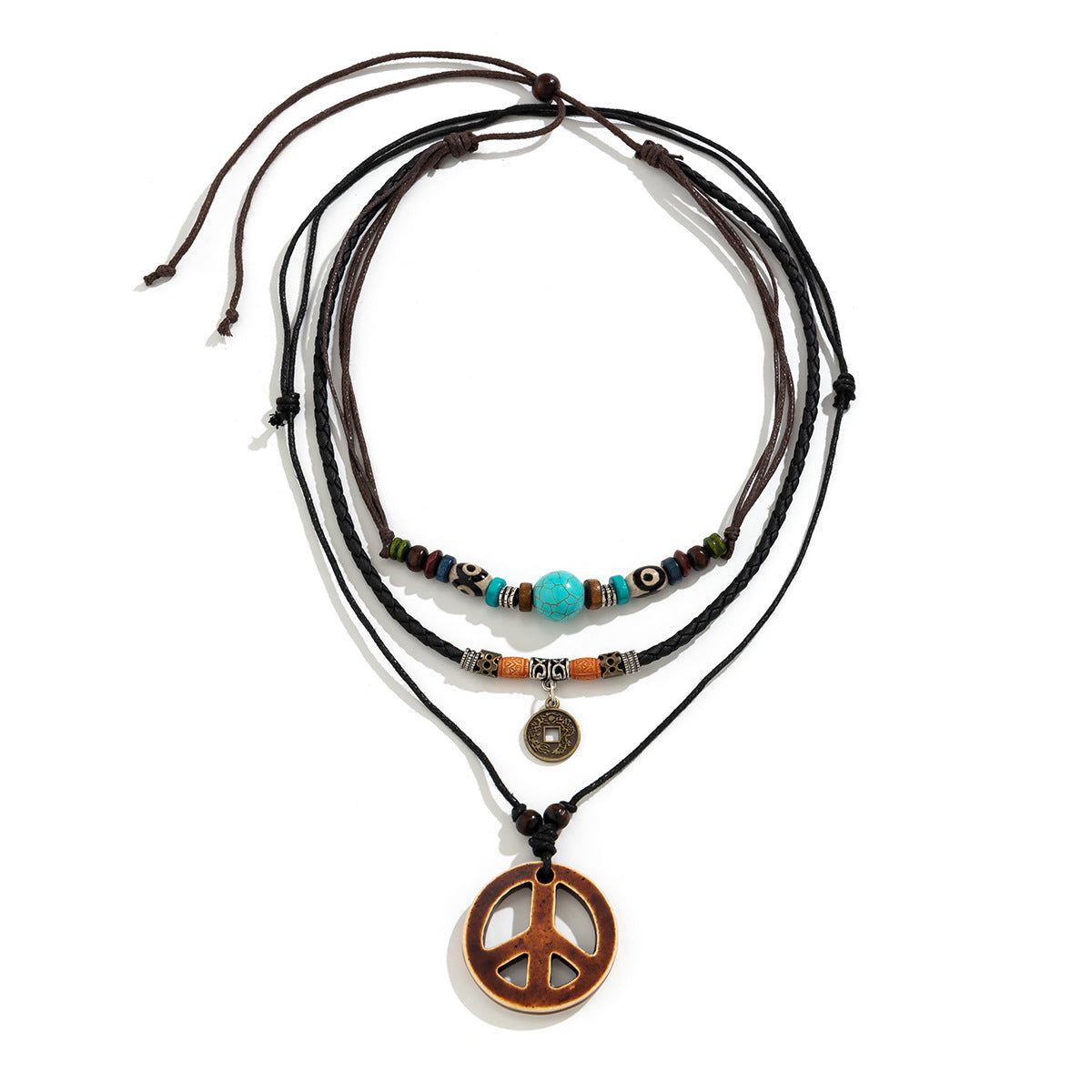 Wholesale Men's Wood Beads Pine and Peace Symbol Necklace