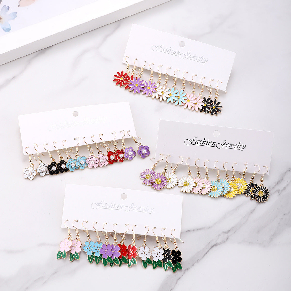 Wholesale Bohemian Colorful Small Flower Oil Drop Pendant Earring Set