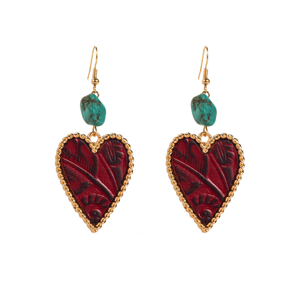 Wholesale Leather print and turquoise heart earrings