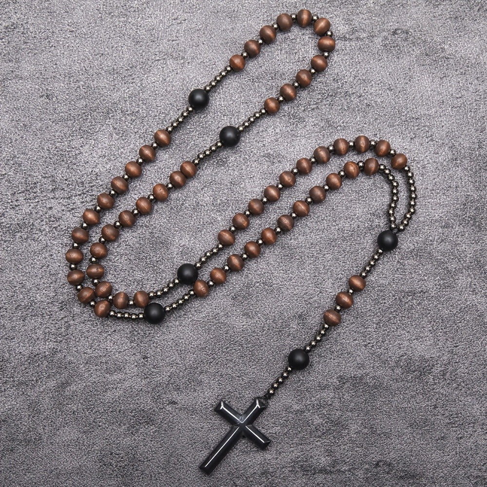 Wholesale Wooden Beads Black Gallstone Cross Religious Long Rosary Necklace