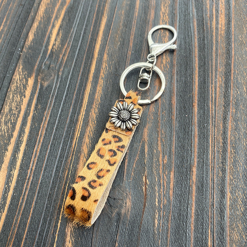 Wholesale Leopard Print Genuine Leather Pony Hair Western Style Keychain