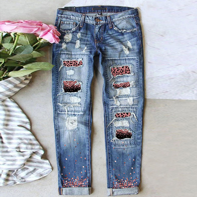 Wholesale Leopard Print Hole Print Pants Casual Loose Washed Jeans
