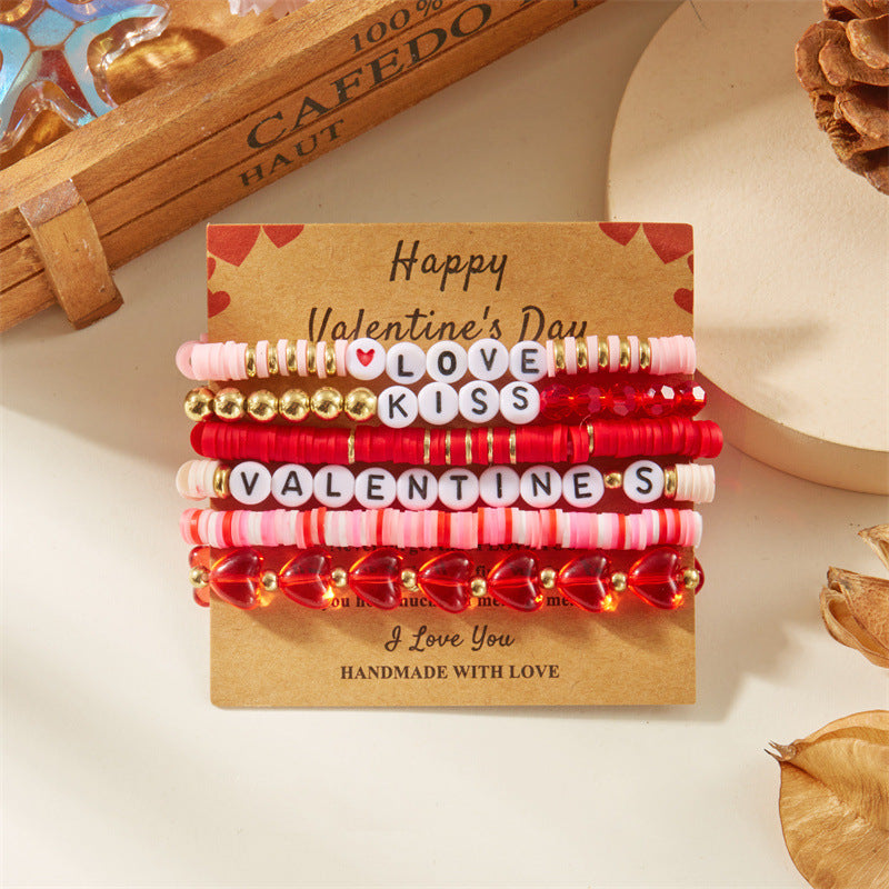 Wholesale Valentine' s Day Multi layered Pink Love Clay Bead bracelet