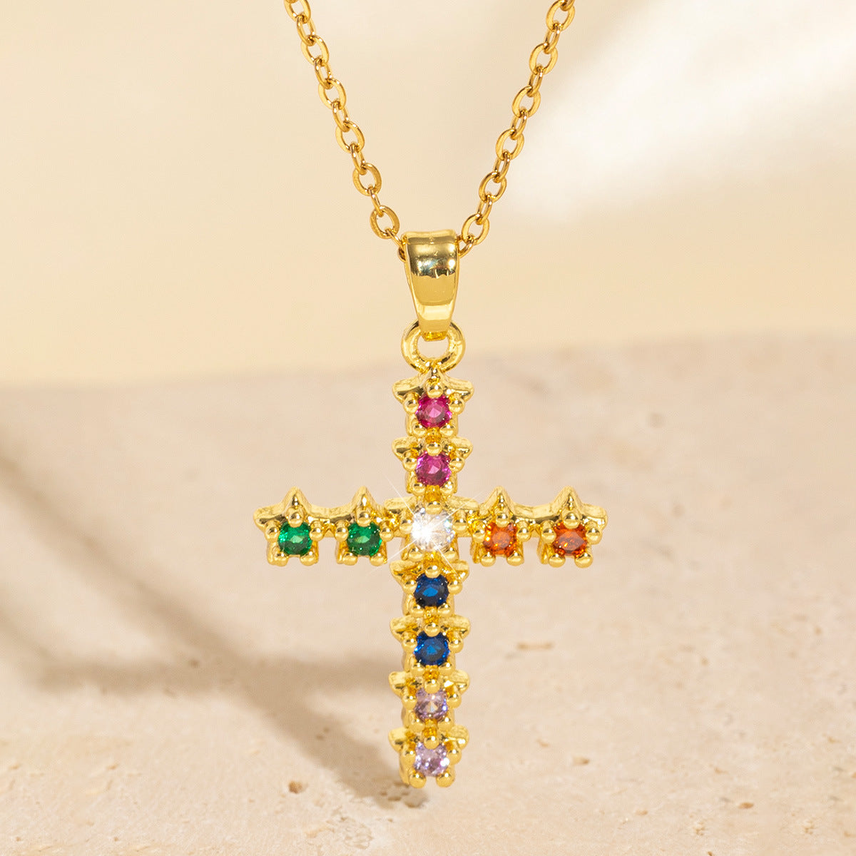 Wholesale Simple Color Zircon Star Cross Necklace Pendant All-match Niche Elegant  Clavicle Chain for Women