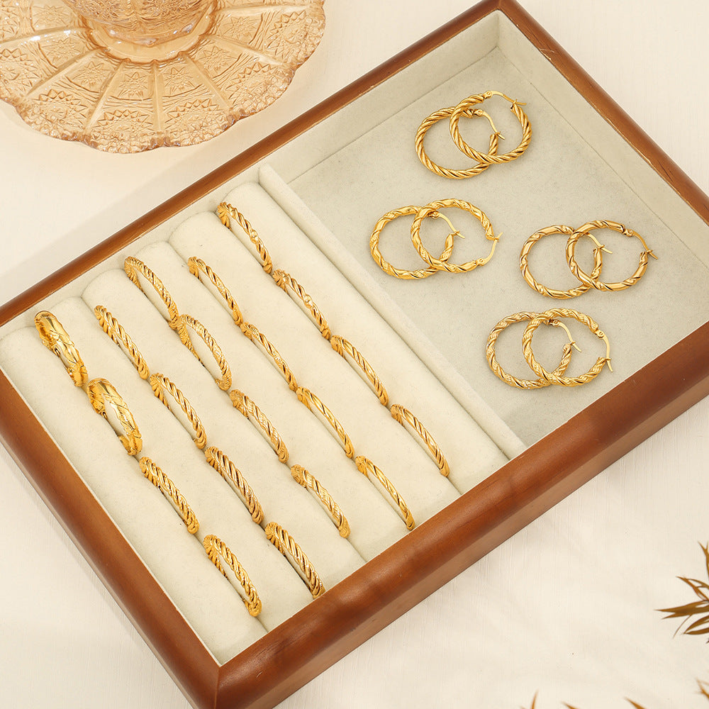 Wholesale Titanium Steel Gold Plated Hemp Pattern Large Earrings