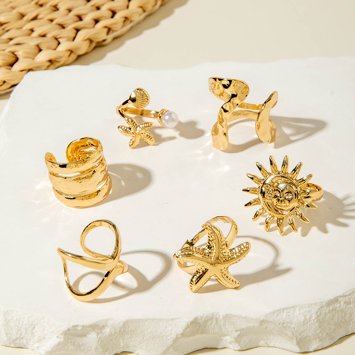 Wholesale 5pcs Bohemian Starfish Sunflower Ring Set