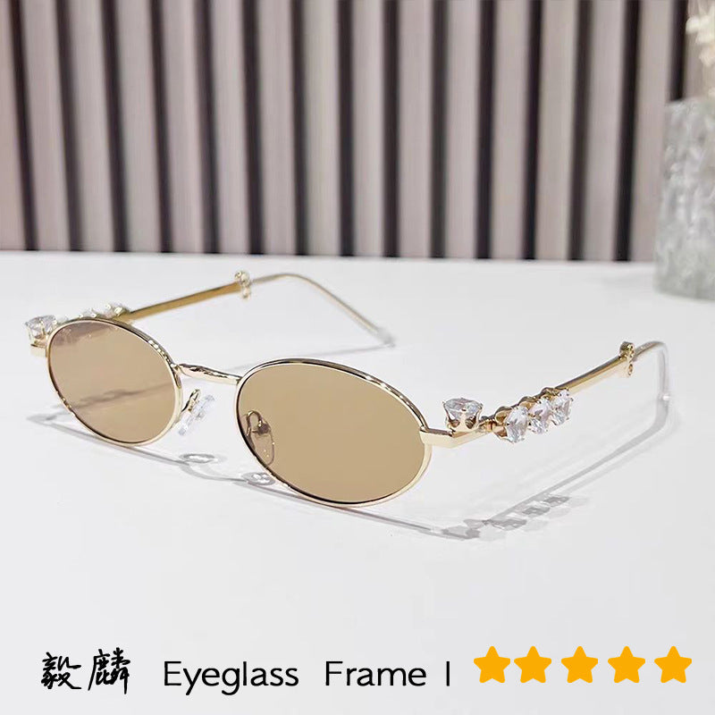 Wholesale Metal diamond oval small frame glasses resin anti-blue light glasses rhinestones plain y2k sunglasses