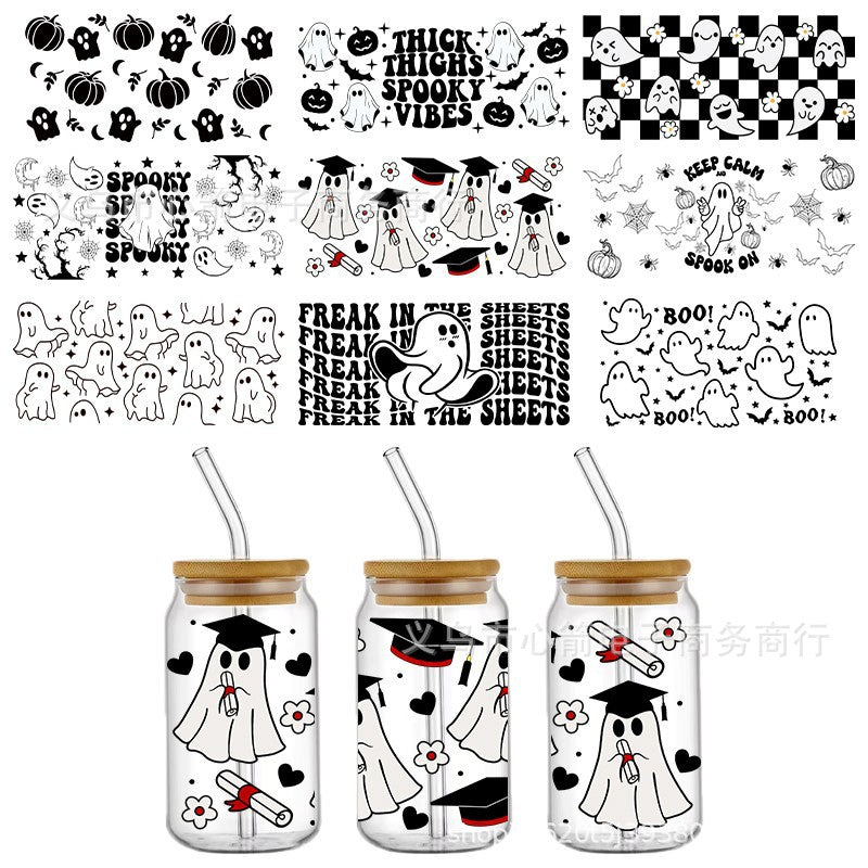Wholesale 5pcs Pumpkin Cute Ghost Halloween 16oz Cup UV DTF Wraps