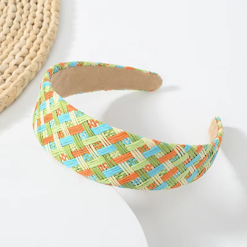 Wholesale Hand-woven raffia rainbow wide brim headband