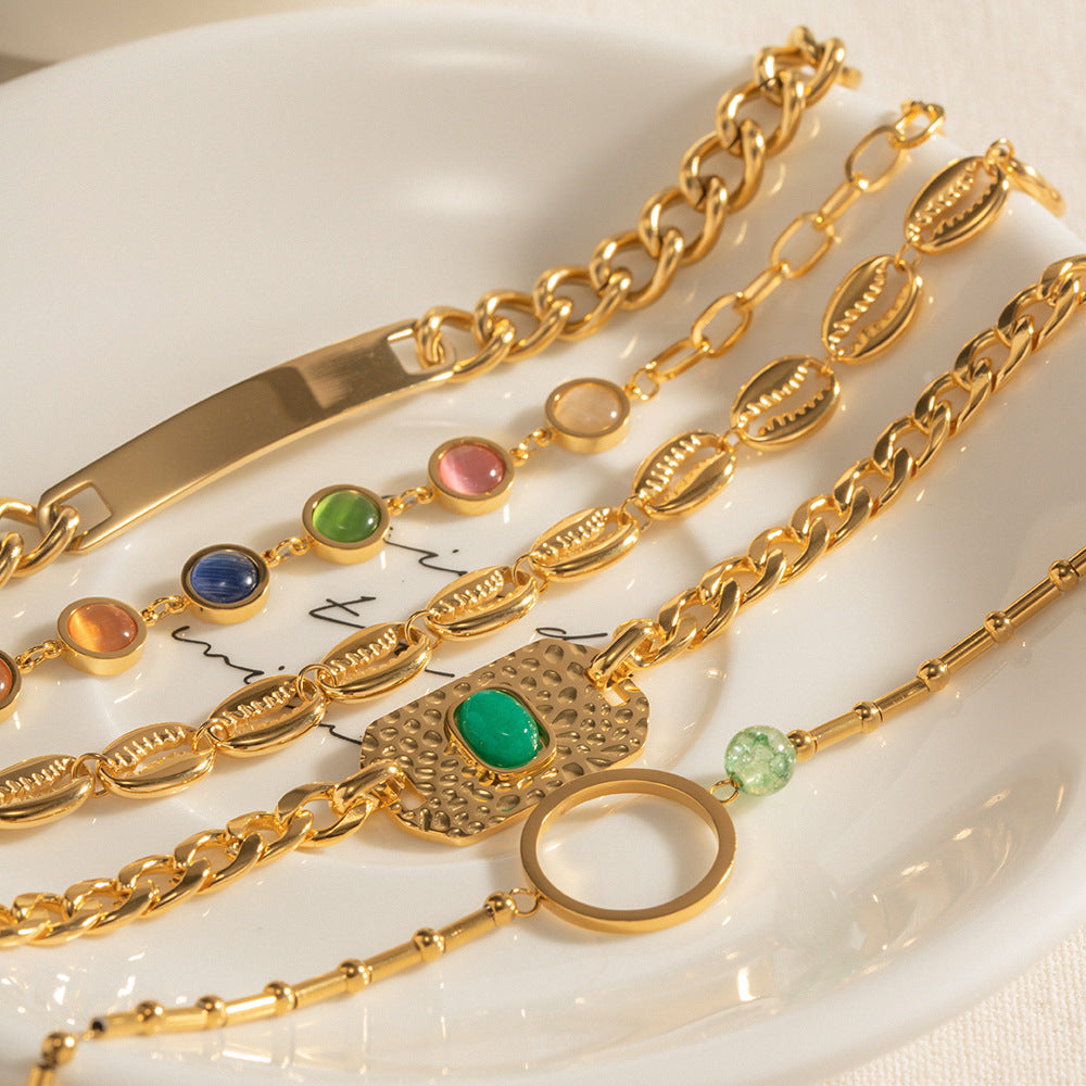 Wholesale Ring Green Stone Malay Jade Texture Square Plate Fantasy Cat's Eye Hollow Shell Stainless Steel Bracelet