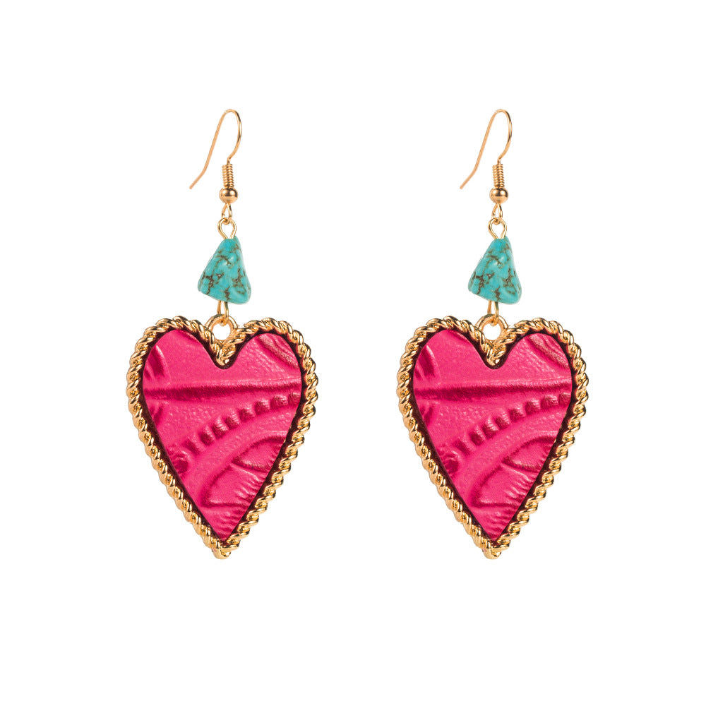 Wholesale Leather print and turquoise heart earrings