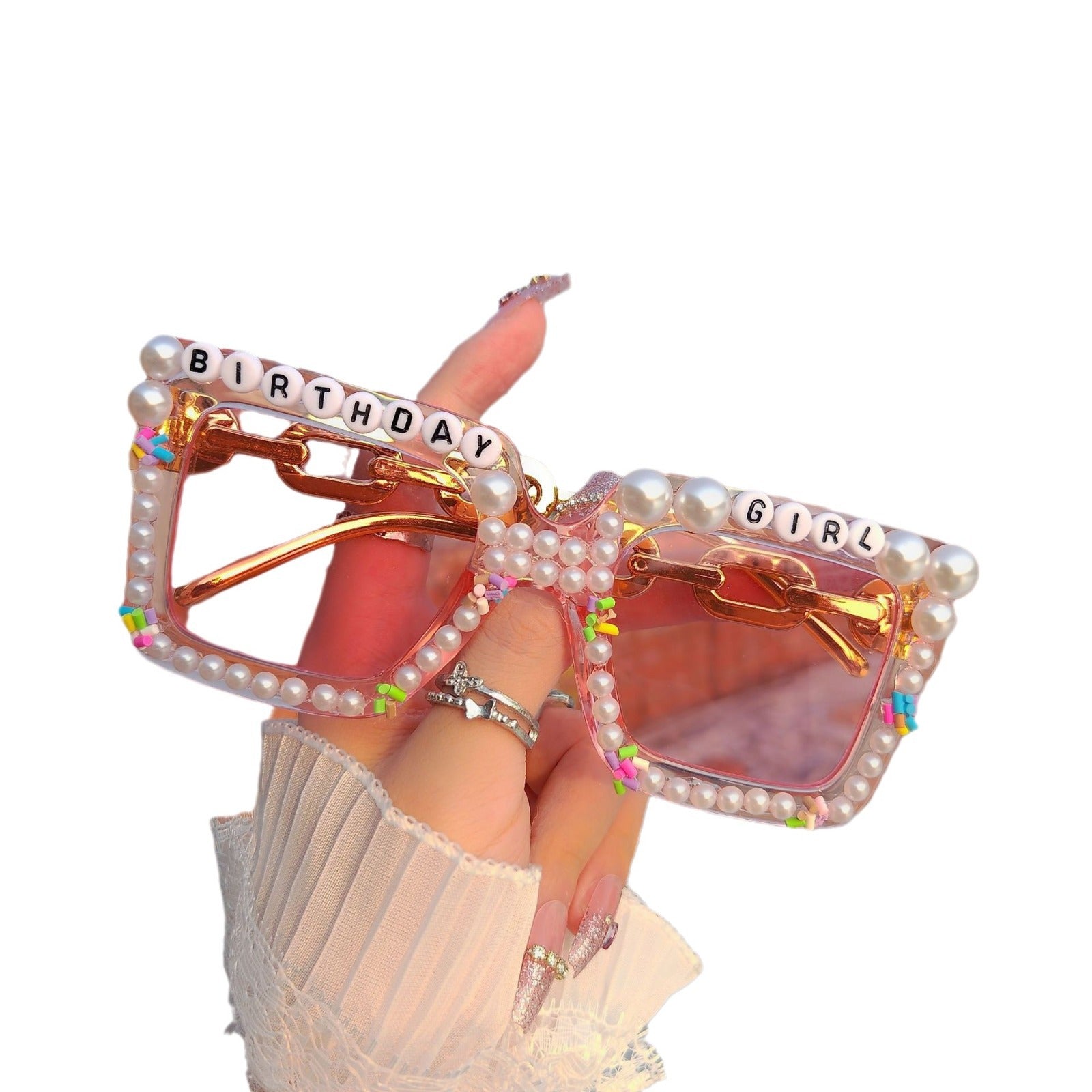 Wholesale Pearl Diamond Letter Bridal White Square Frame Sunglasses