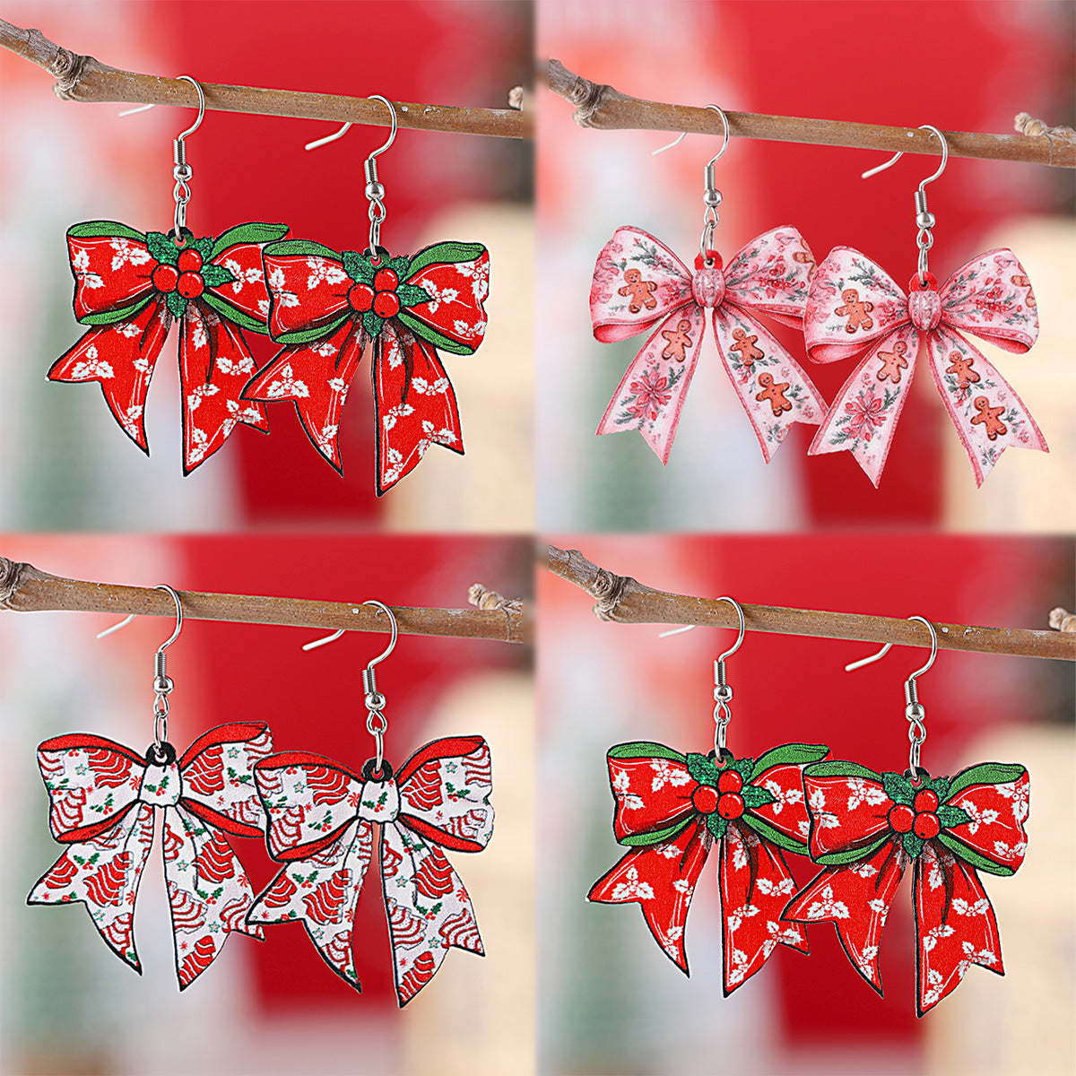 Wholesale Christmas Bow Pendant Wooden Double-Sided Earrings