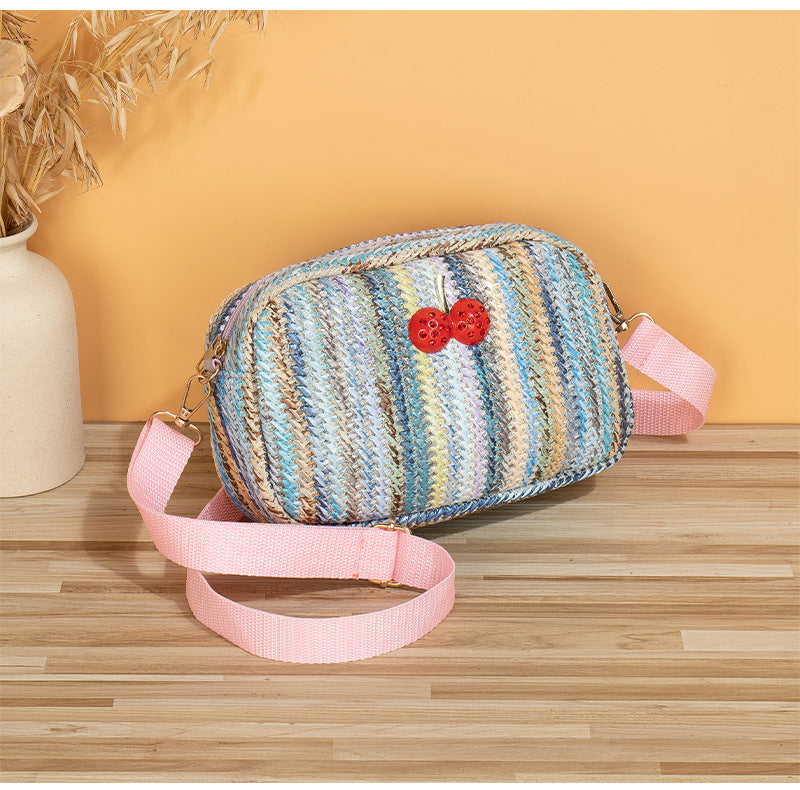 Wholesale Rainbow Large Capacity Woven Cherry Decoration Straw Woven Tote Bag Cross Body Camera Bag