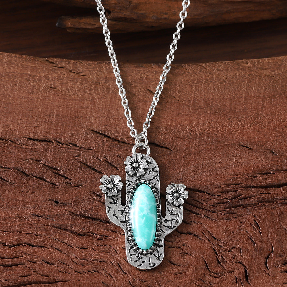 Wholesale Vintage inlaid turquoise cactus pendant necklace