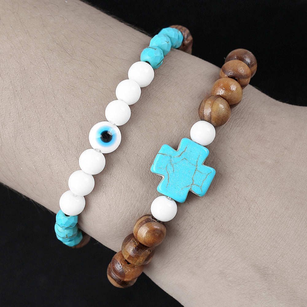Wholesale Turquoise Cross Bracelet Wood Beads Porcelain Jade Beads Bracelet
