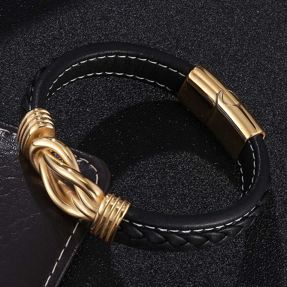 Wholesale Punk Genuine Leather Stainless Steel Jewelry Wholesale Titanium Steel Electroplated Genuine Gold Bracelets