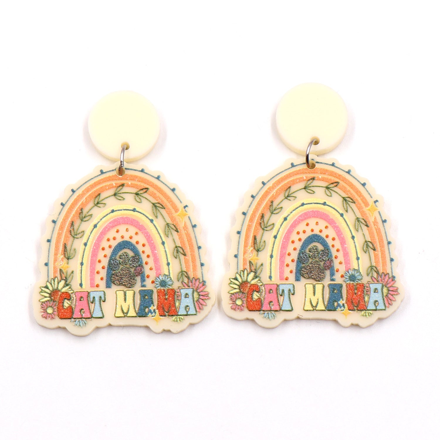 Wholesale Mother's Day Acrylic Rainbow Cat Mama Earrings