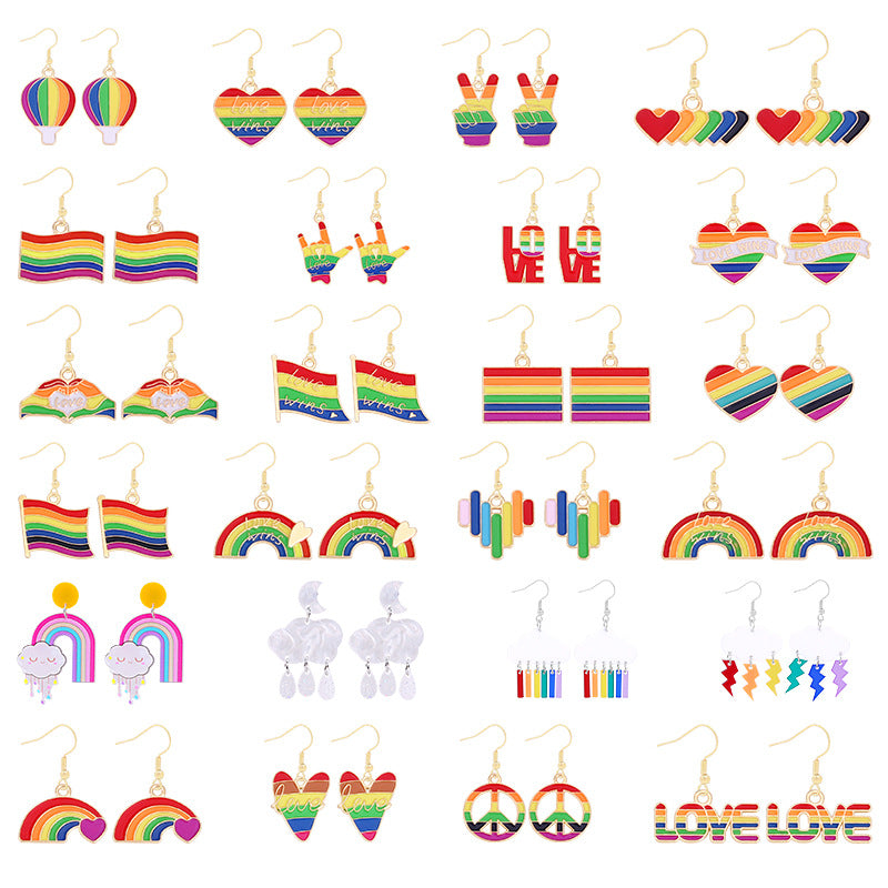 Wholesale Rainbow Flag Love Heart Alloy Pendant Drip Oil Earrings