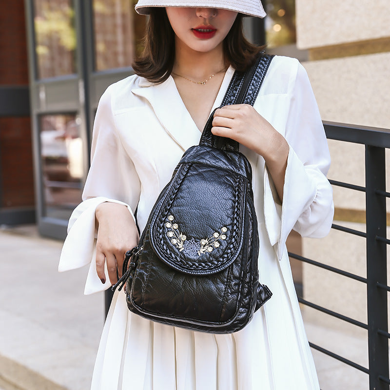 Wholesale PU Embroidery Flower Multifunctional Chest Bag Backpack