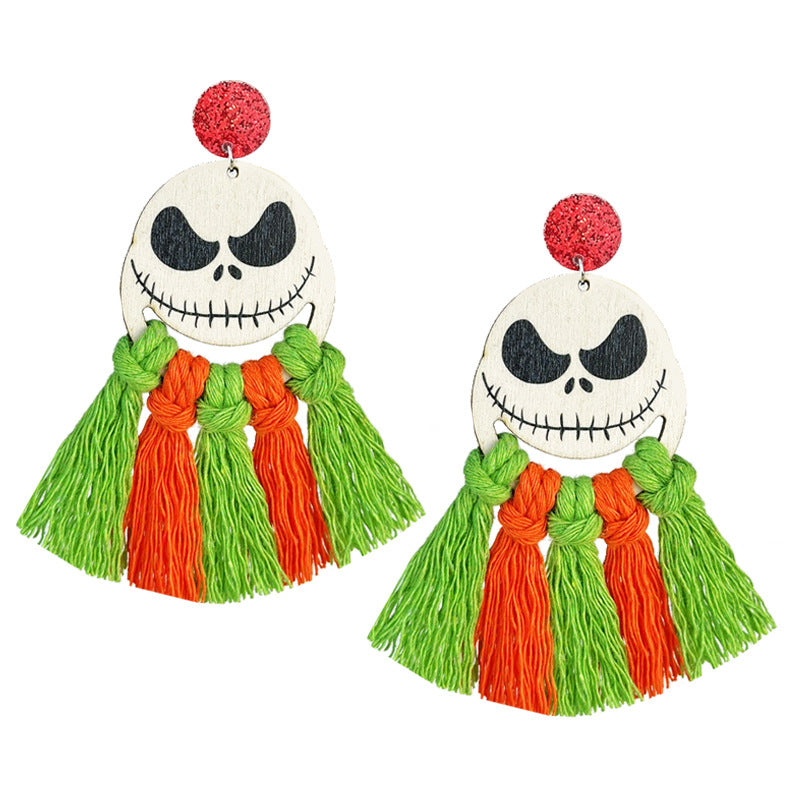 Wholesale 2 Pairs/pack Halloween Hand-woven Tassel Wooden Earrings