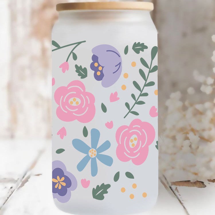 Wholesale Colorful flowers branches and leaves 16oz Cup UV DTF Wraps