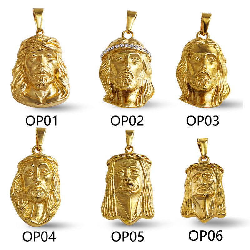 Wholesale Gold long haired portrait diamond studded stainless steel pendant