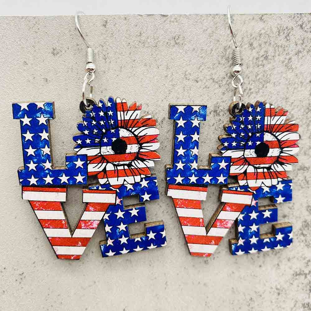 Wholesale American Independence Day LOVE Sunflower Eagle Wooden Earrings