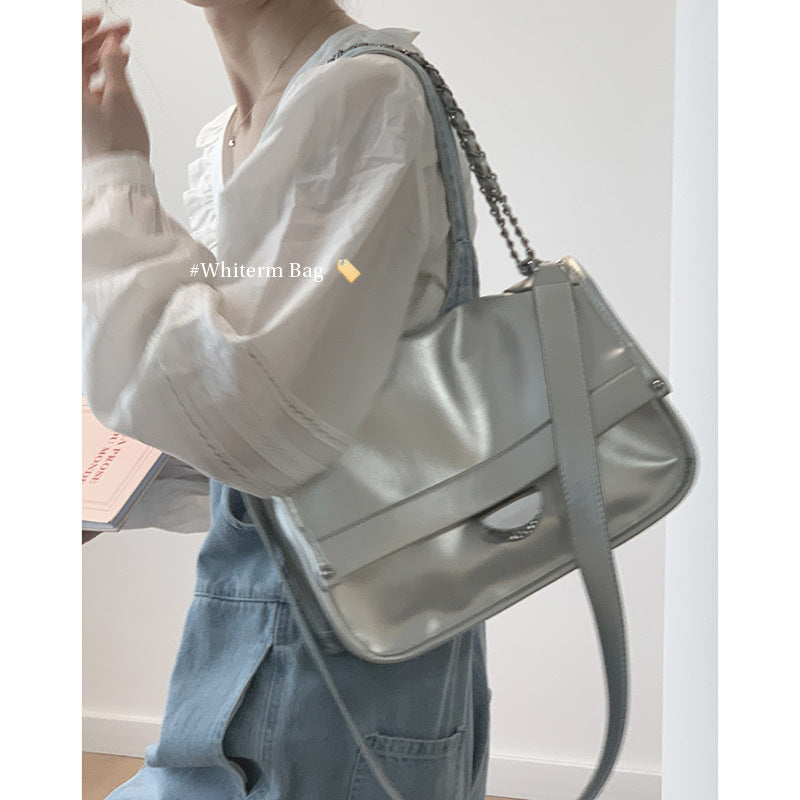 Wholesale Niche Design Silver Pleated Soft Leather Tote Shoulder Crossbody Bag