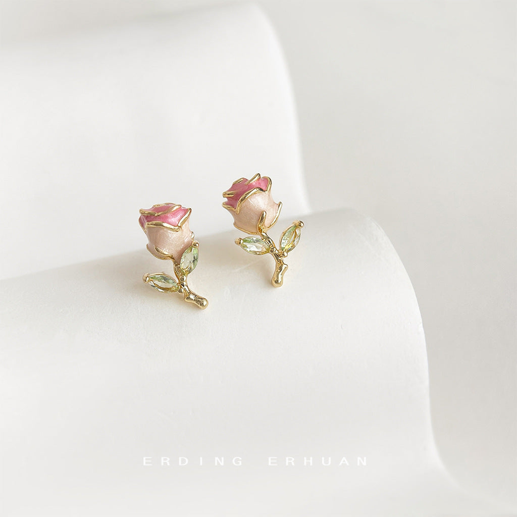 Wholesale Enamel drip glazed micro inlaid zircon rose silver needle earrings