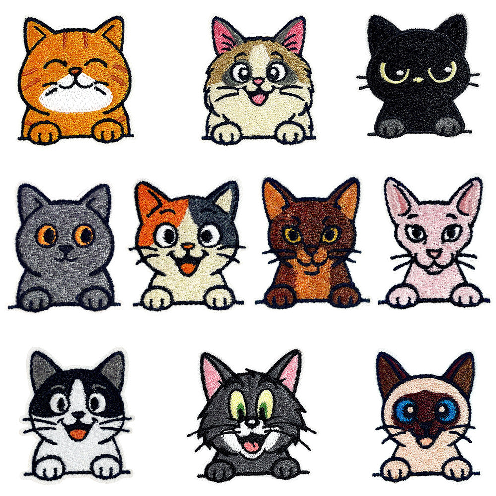 Wholesale 10Pc Cute Cat Embroidery Patches Iron On Adhesive Appliques With Fun Cat Expressions For Coats And Casual Decor OLY Exclusive