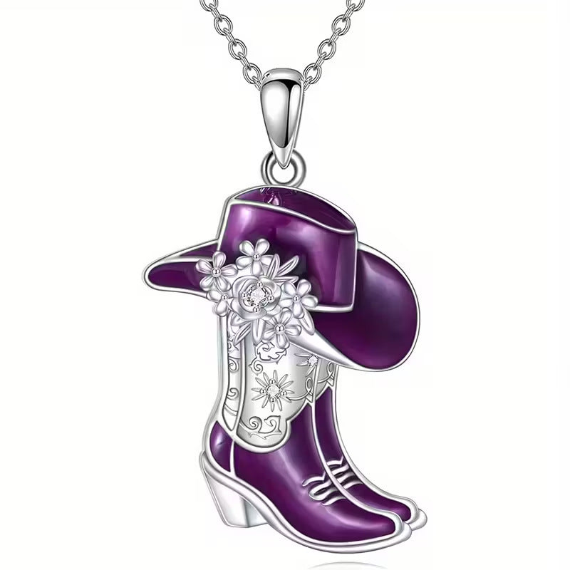 Wholesale Western style purple cowboy boot pendant necklace