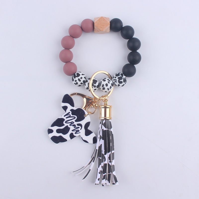 Wholesale MAMA Wood Chips Cow Head Western Style Silicone Beads Wrist Keychain