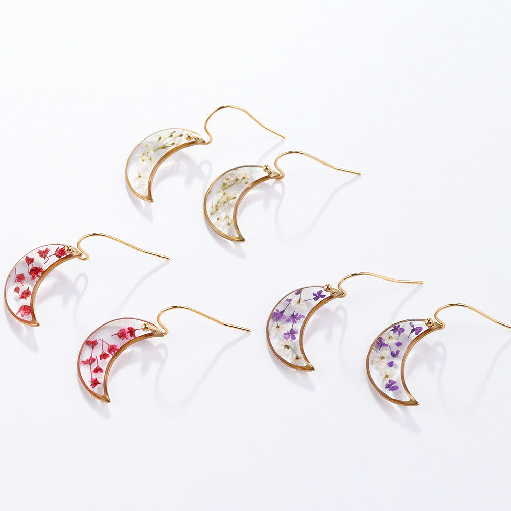 Wholesale 6pcs Natural Dried Flower Moon Shape Drop Glue Earrings