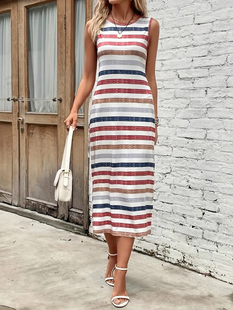 Wholesale Sleeveless Striped Sexy Slit Dress